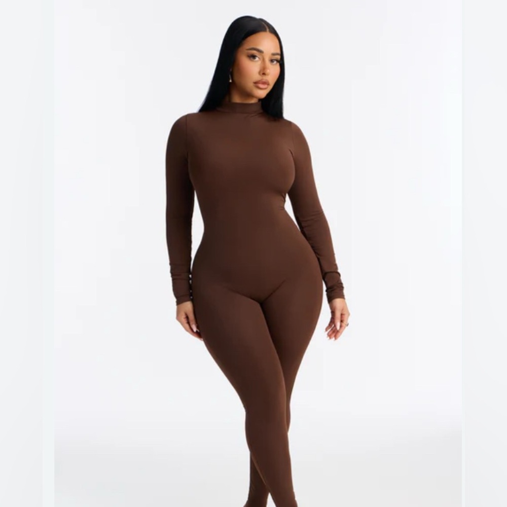 Fashion Nova • Mock Neck • Brown • Long Sleeve • Jumpsuit • Zip Back